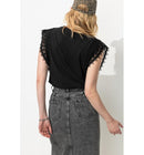 T-shirt Détail Dentelle Femme - Noir Uni Fonce