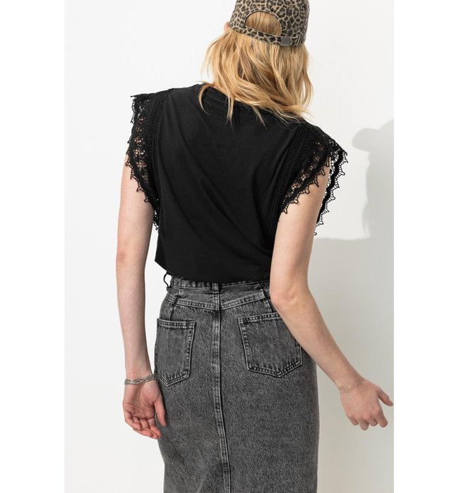 T-shirt Détail Dentelle Femme - Noir Uni Fonce