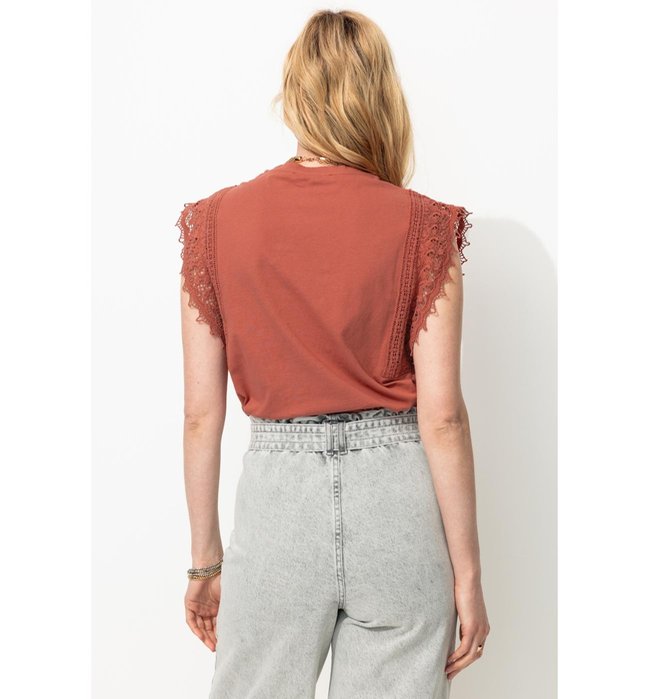 T-shirt Détail Dentelle Femme - Marron Uni Clair