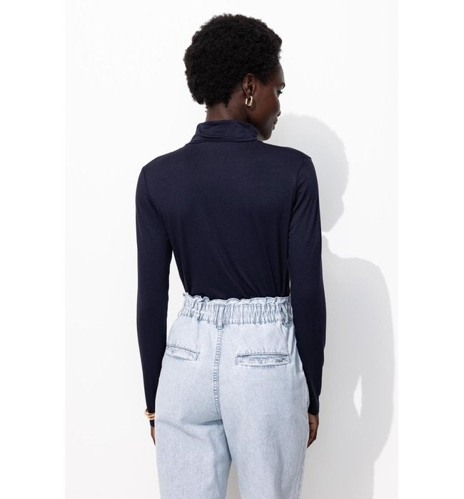 T-shirt Col Roulé Femme - Bleu Uni Fonce