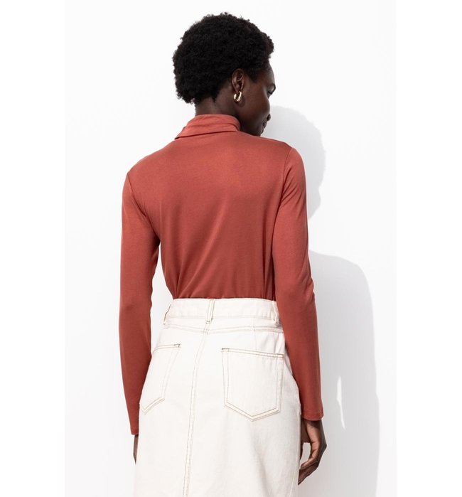 T-shirt Col Roulé Femme - Marron Uni Fonce