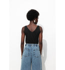 Débardeur Col V en Coton Femme - Noir Uni Fonce
