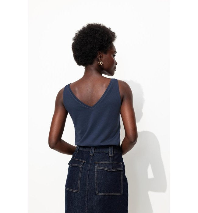 Débardeur Col V en Coton Femme - Bleu Uni Fonce