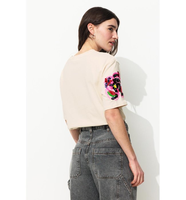 T-shirt Brodé de Sequins Femme - Naturel Imprime