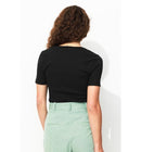 T-shirt Côtelé Col Cœur Femme - Noir Uni Fonce