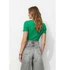 T-shirt Côtelé Col Cœur Femme - Vert Uni Colore