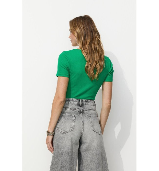 T-shirt Côtelé Col Cœur Femme - Vert Uni Colore
