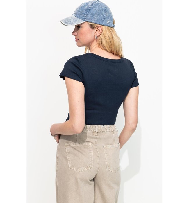 T-shirt Côtelé Femme - Bleu Uni Fonce