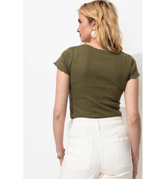 T-shirt Côtelé Femme - Kaki Uni Fonce
