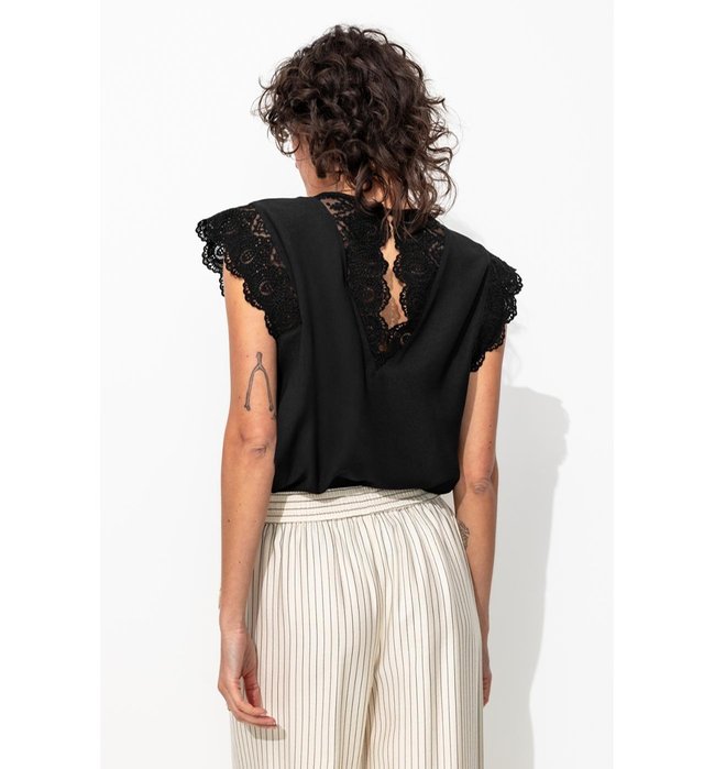 Top Détail Dentelle Femme - Noir Uni Fonce