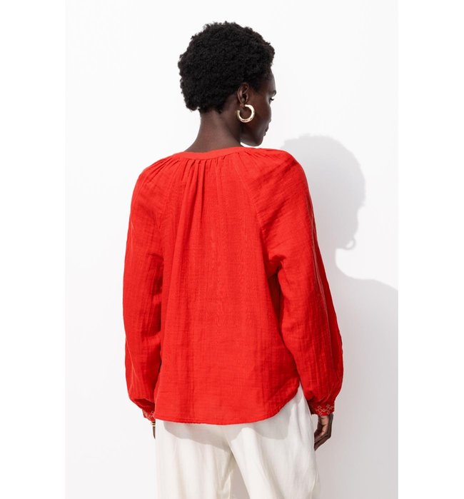 Chemise en Gaze de Coton Brodé - Rouge Uni Colore