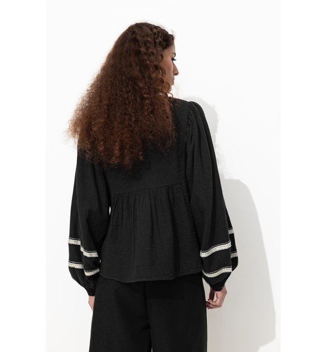 Blouse Folk Brodée Femme - Noir Uni Fonce