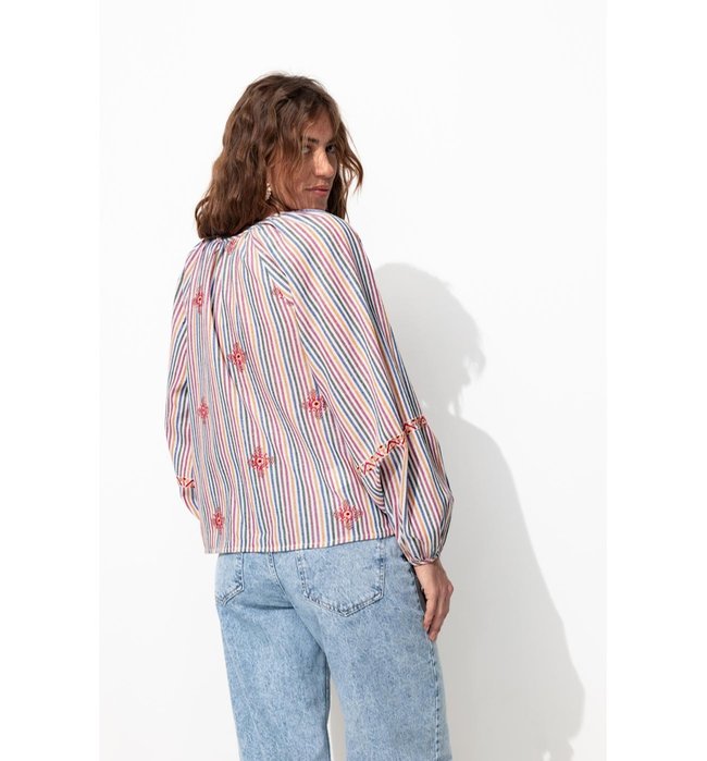 Blouse Rayée Brodée Femme - Multicolore Raye