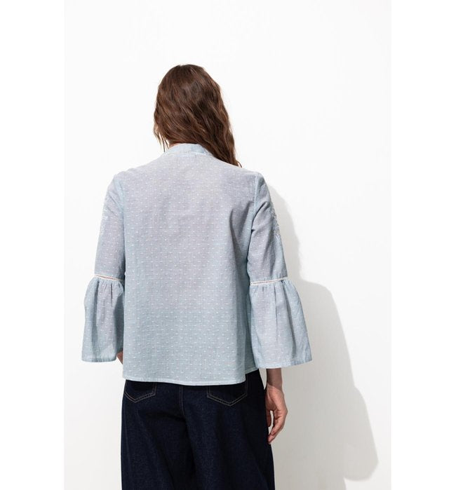 Blouse Rayée Brodée Femme - Bleu Uni Colore