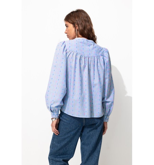 Chemise Brodée Manches Ballon - Bleu Uni Colore