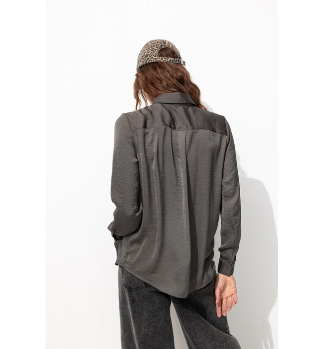 Chemise Perlée en Satin Femme - Gris Uni Fonce