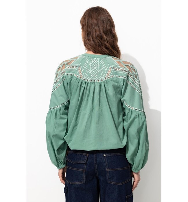 Blouse Brodée Femme - Vert Uni Colore
