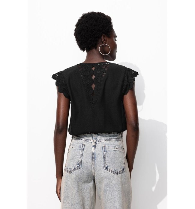 Top Détail Dentelle Femme - Noir Uni Fonce