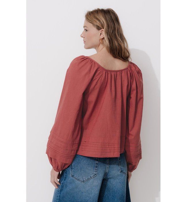 Blouse à Manches Ballon Femme - Rouge Uni Colore