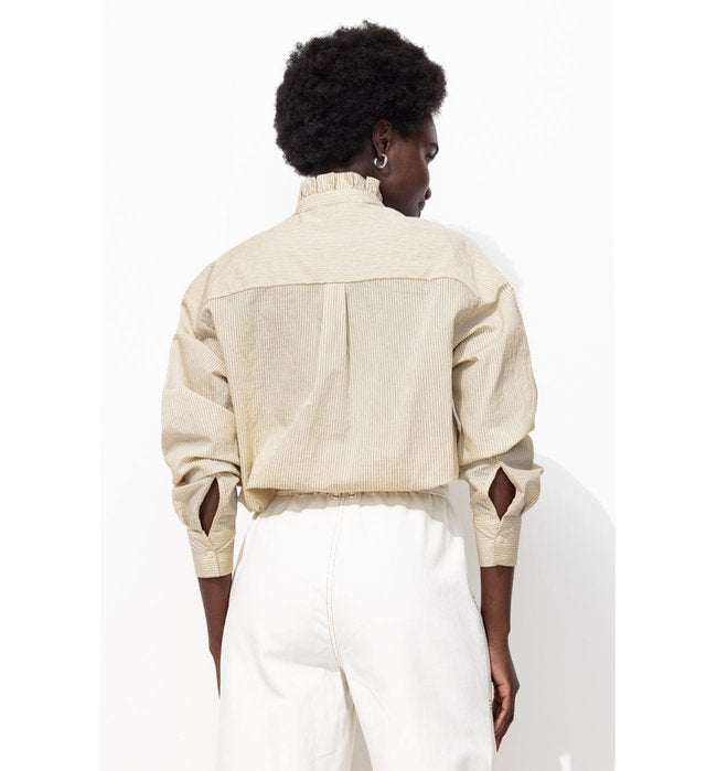 Chemise à Col Volanté Femme - Naturel Raye