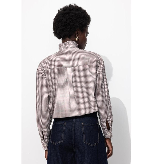 Chemise à Col Volanté Femme - Naturel Carreaux