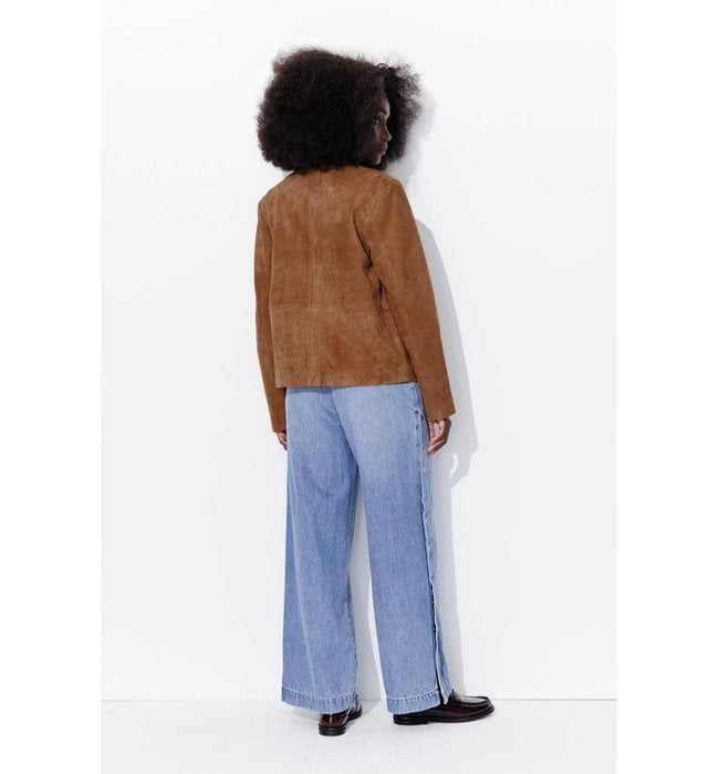 Veste 100% Cuir Daim Femme - Grège Uni Fonce