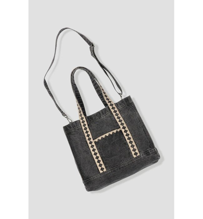 Tote-bag en Jean Brodé - Gris Uni Fonce