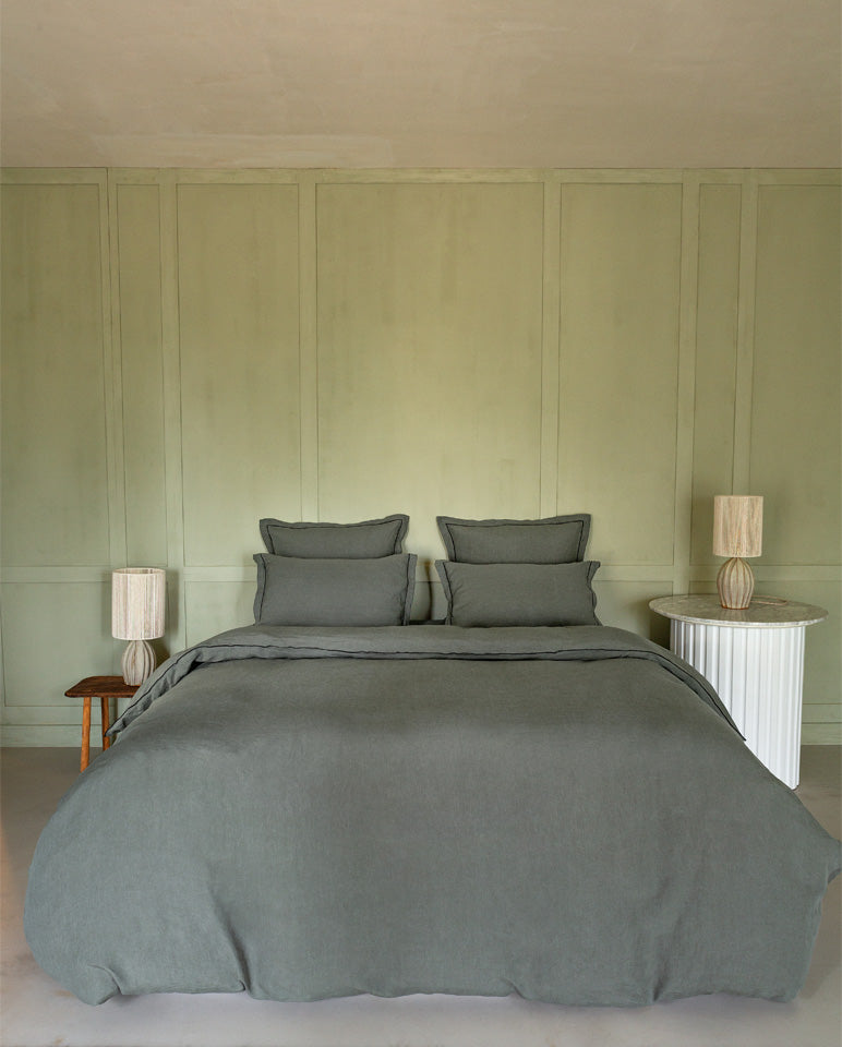 Drap Plat - Lin - Finition Bourdon - Gris Laurier Liseré Noir