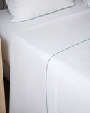 Drap Plat - Percale De Coton - Finition Bourdon - Blanc Liseré Bleu Givré