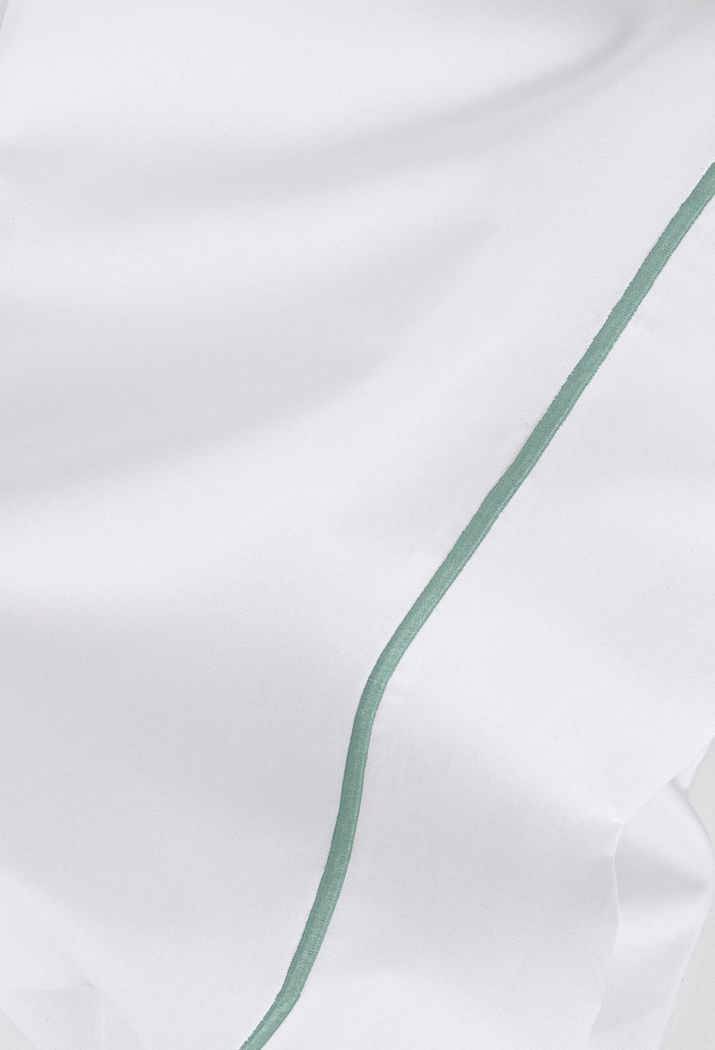 Drap Plat - Percale De Coton - Finition Bourdon - Blanc Liseré Bleu Givré