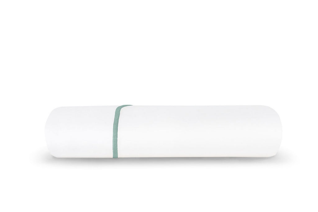 Drap Plat - Percale De Coton - Finition Bourdon - Blanc Liseré Bleu Givré
