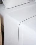 Drap Plat - Percale De Coton - Finition Bourdon - Blanc Liseré Gris