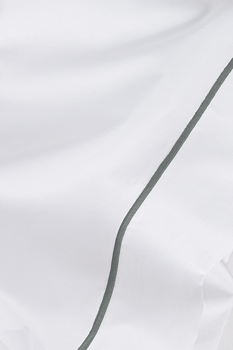 Drap Plat - Percale De Coton - Finition Bourdon - Blanc Liseré Gris