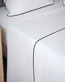 Drap Plat Percale De Coton - Finition Liseré - Blanc Bourdon Bleu Givré