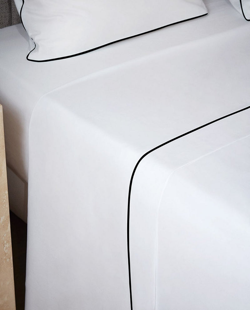 Drap Plat Percale De Coton - Finition Liseré - Blanc Bourdon Bleu Givré