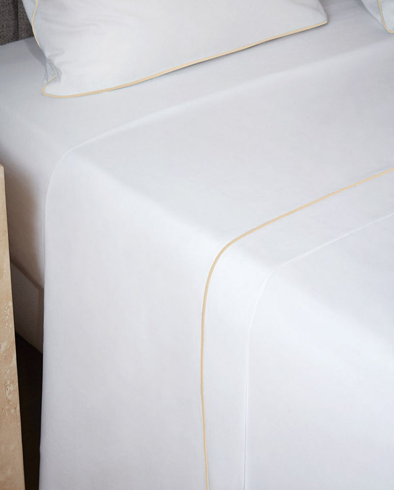 Drap Plat - Percale De Coton - Finition Bourdon - Blanc Liseré Écru