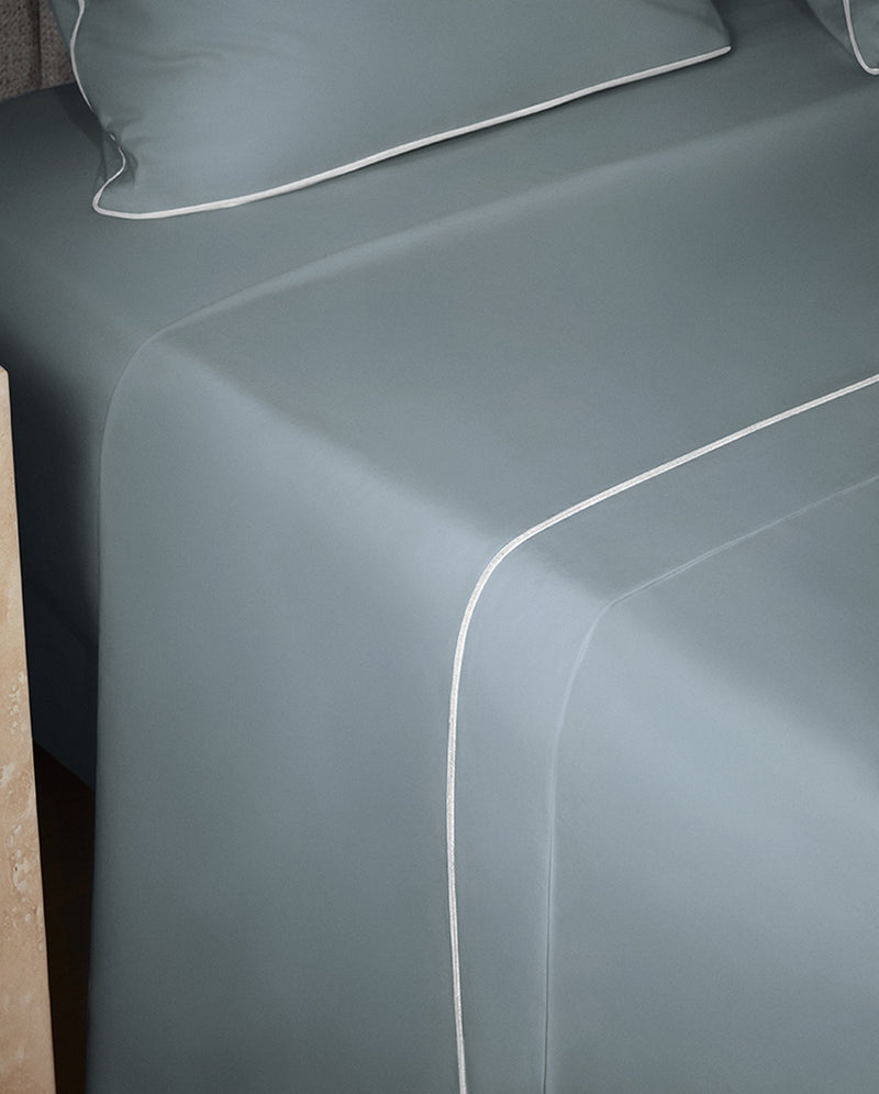 Drap Plat - Percale De Coton - Finition Bourdon - Gris Liseré Blanc