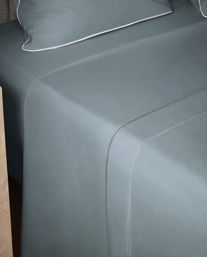 Drap Plat - Percale De Coton - Finition Bourdon - Gris Liseré Gris