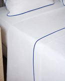 Drap Plat - Percale De Coton - Finition Bourdon - Blanc Liseré Bleu Cobalt