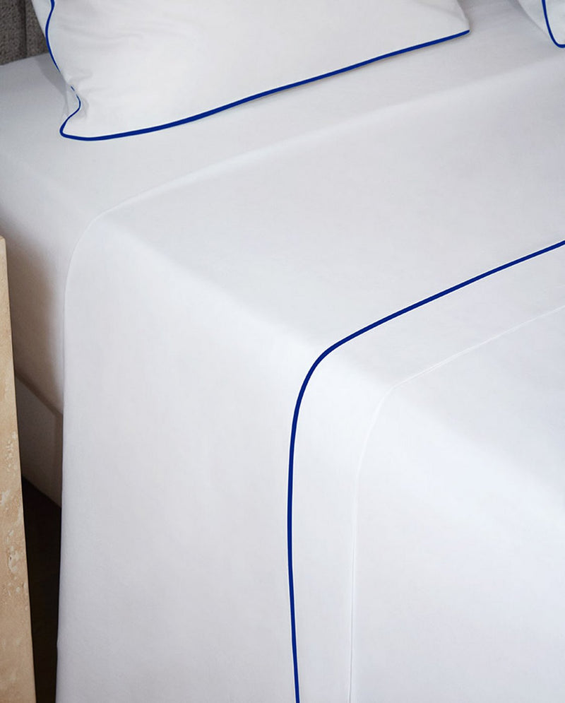 Drap Plat - Percale De Coton - Finition Bourdon - Blanc Liseré Bleu Cobalt