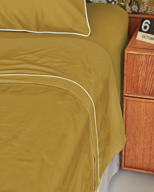 Drap Plat Percale De Coton - Finition Liseré - Vert Bronze Bourdon Blanc