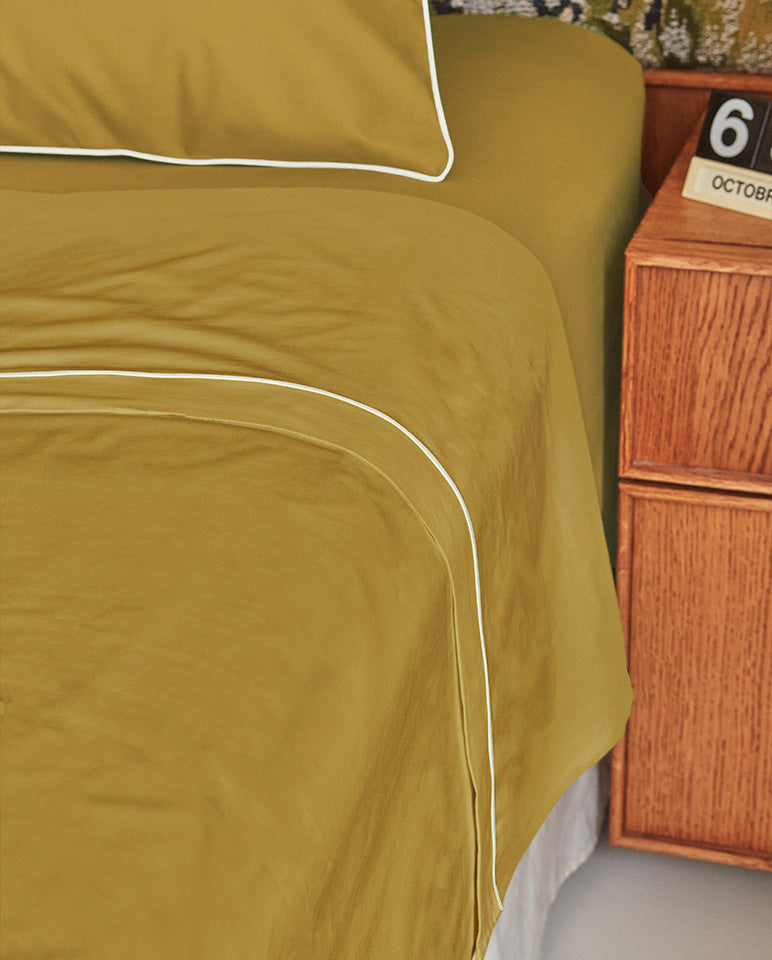 Drap Plat Percale De Coton - Finition Liseré - Vert Bronze Bourdon Blanc