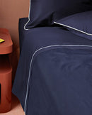 Drap Plat Percale De Coton - Finition Liseré - Bleu Nuit Bourdon Blanc