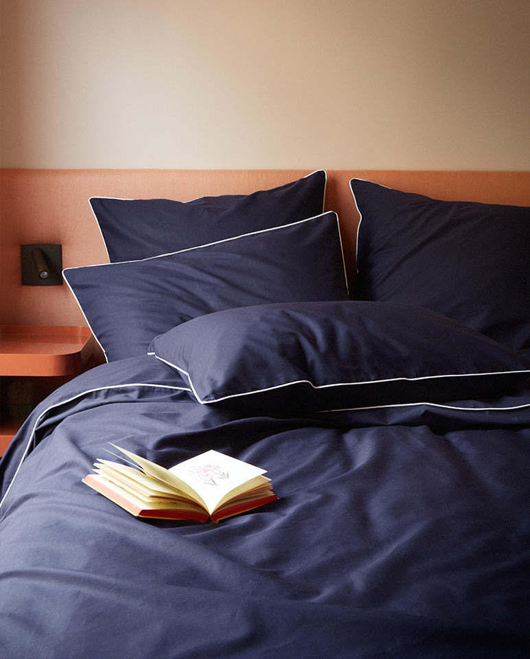 Drap Plat Percale De Coton - Finition Liseré - Bleu Nuit Bourdon Blanc