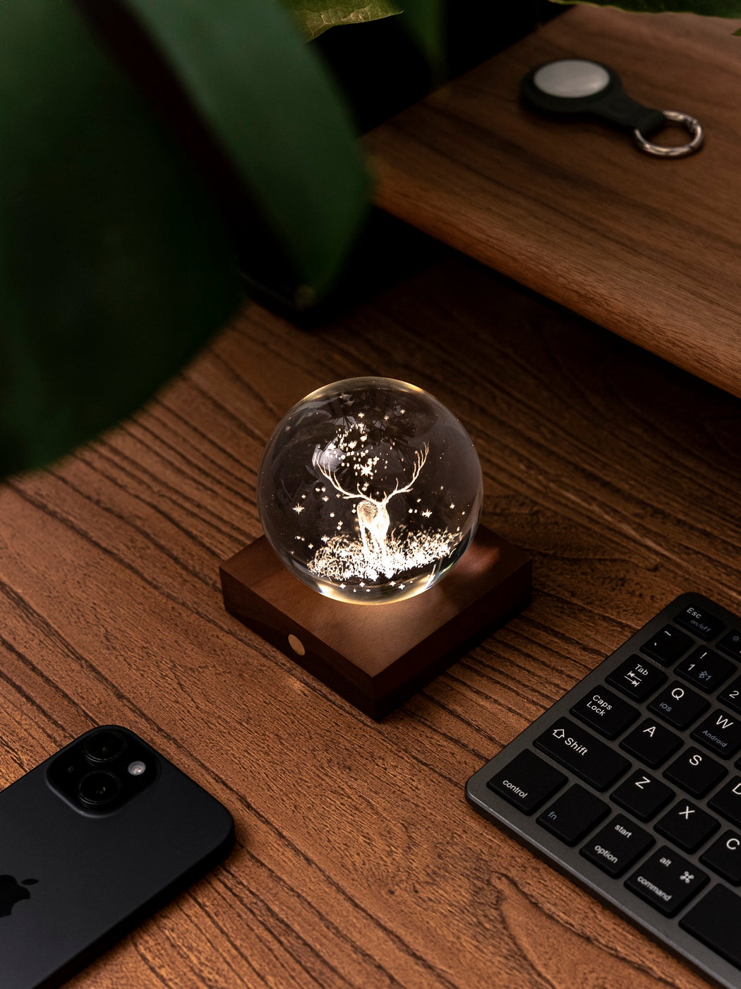 Gingko Design – Amber Crystal Leuchte - Hirsch, leuchtende Glaskugel mit einem Hirsch auf einem Holzschreibtisch