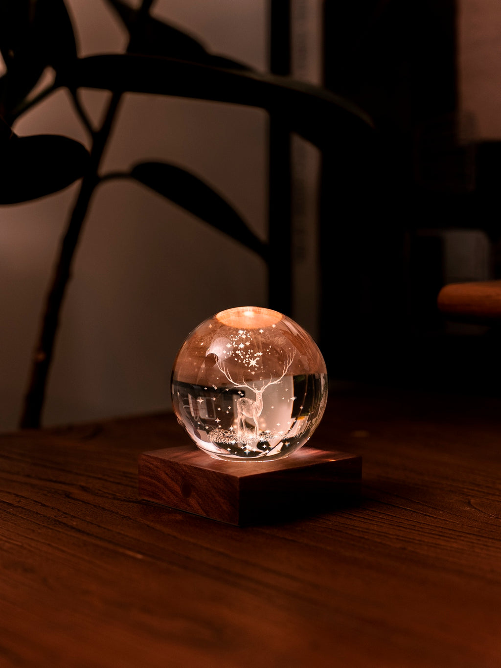 Gingko Design – Amber Crystal Leuchte - Hirsch, leuchtende Glaskugel mit einem Hirsch im Inneren auf einem Holztisch