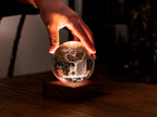 Gingko Design – Amber Crystal Leuchte - Hirsch, Hand auf einer leuchtenden Glaskugel mit einem Hirsch