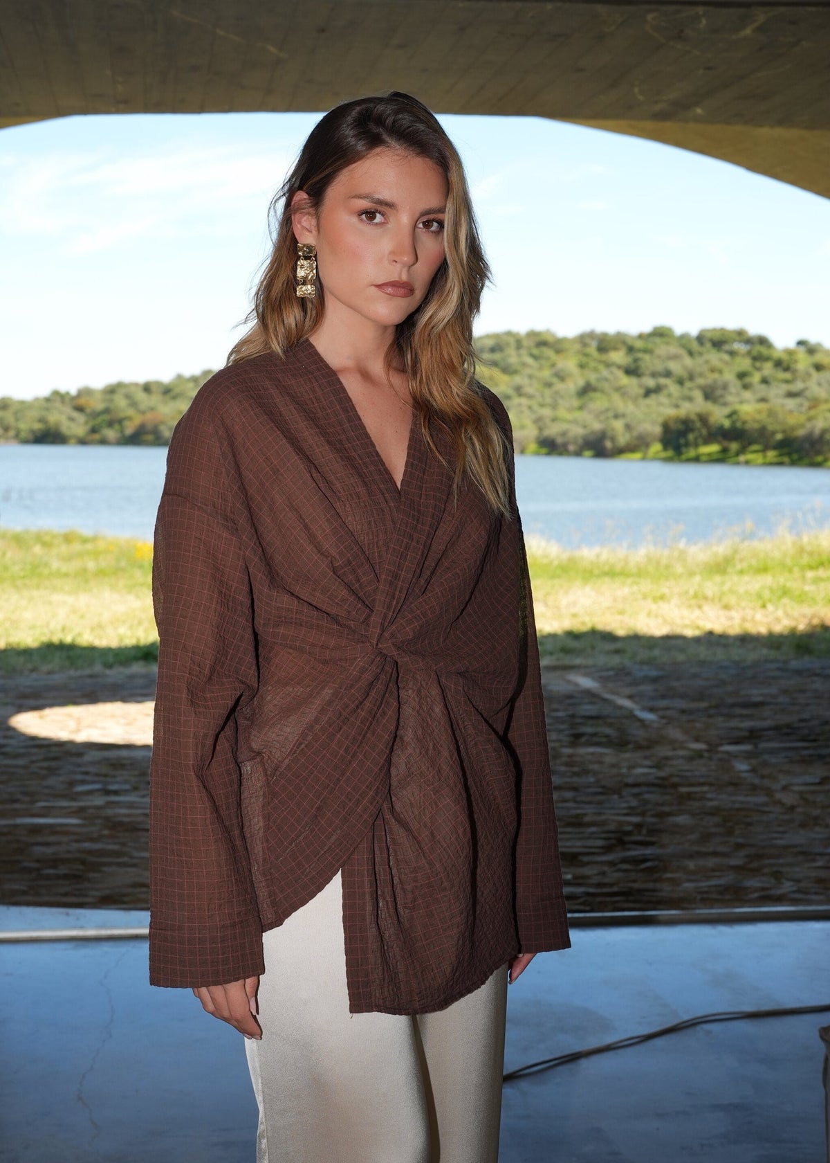 Camicetta Esme Draped Cotton Twist - Brown Check