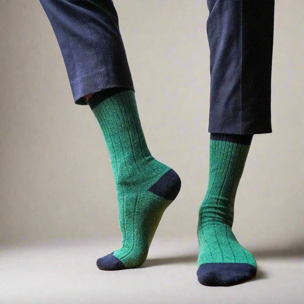 Chaussettes En Laine Mérinos Avec Bandes - Vert Et Noir