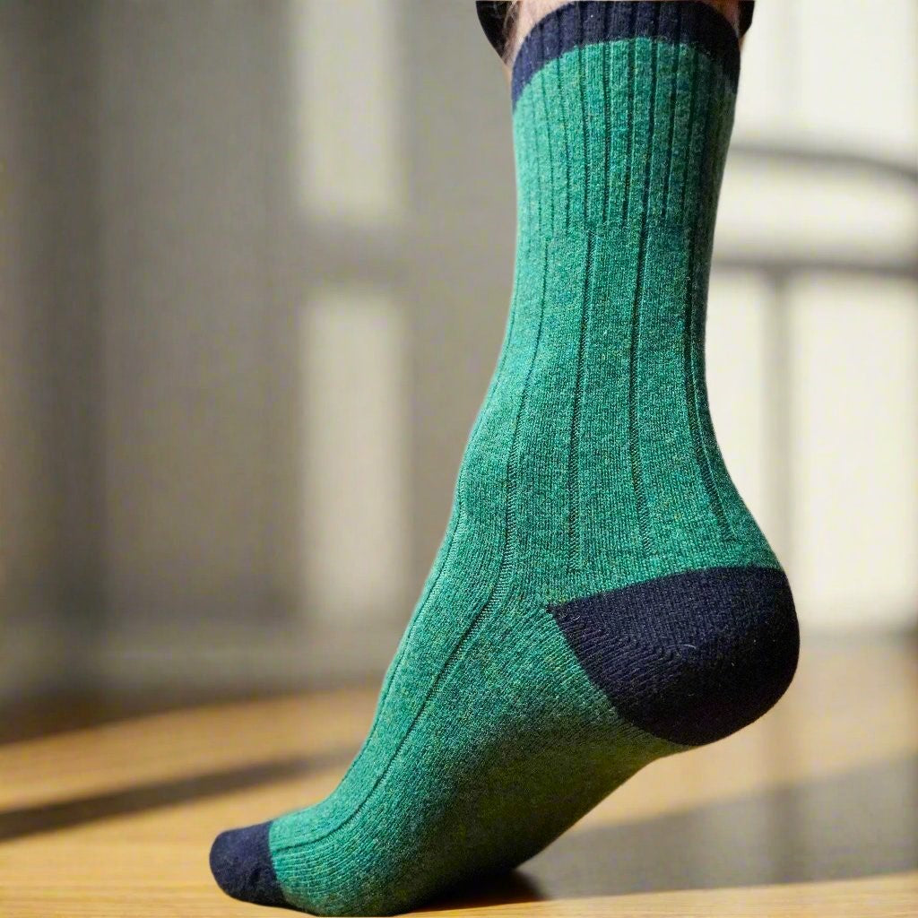 Chaussettes En Laine Mérinos Avec Bandes - Vert Et Noir